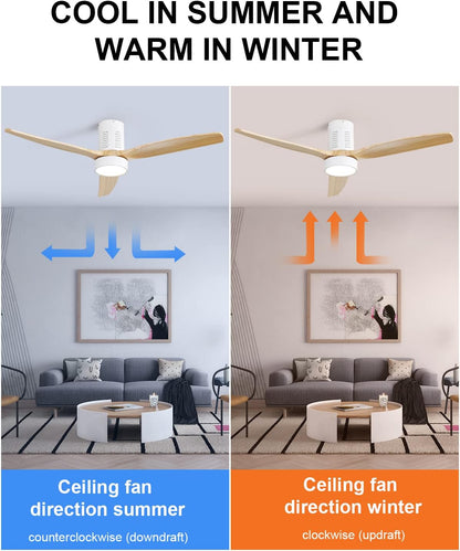 52 Inch Flush Mount Ceiling Fan with LED Light and Remote Control Solid Wood Blades