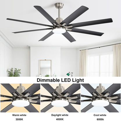 66 Inch Large Ceiling Fan With Dimmable Led Light 8 ABS Blades Smart Remote Control Reversible DC Motor For Living Room