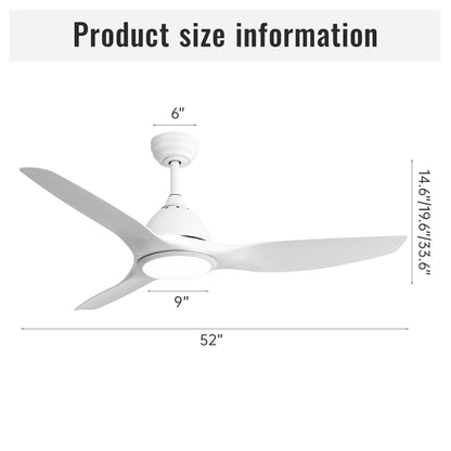 52 Inch Modern Ceiling Fan with 22W LED Light, 3 ABS Fan Blades DC Motor White Ceiling Fan for Indoor