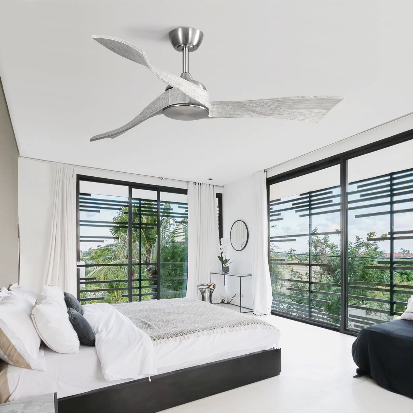 52 Inch Ceiling Fan Without Light 6 Wind Speed Timing Function 3 Solid Wood Blade Reversible DC Motor