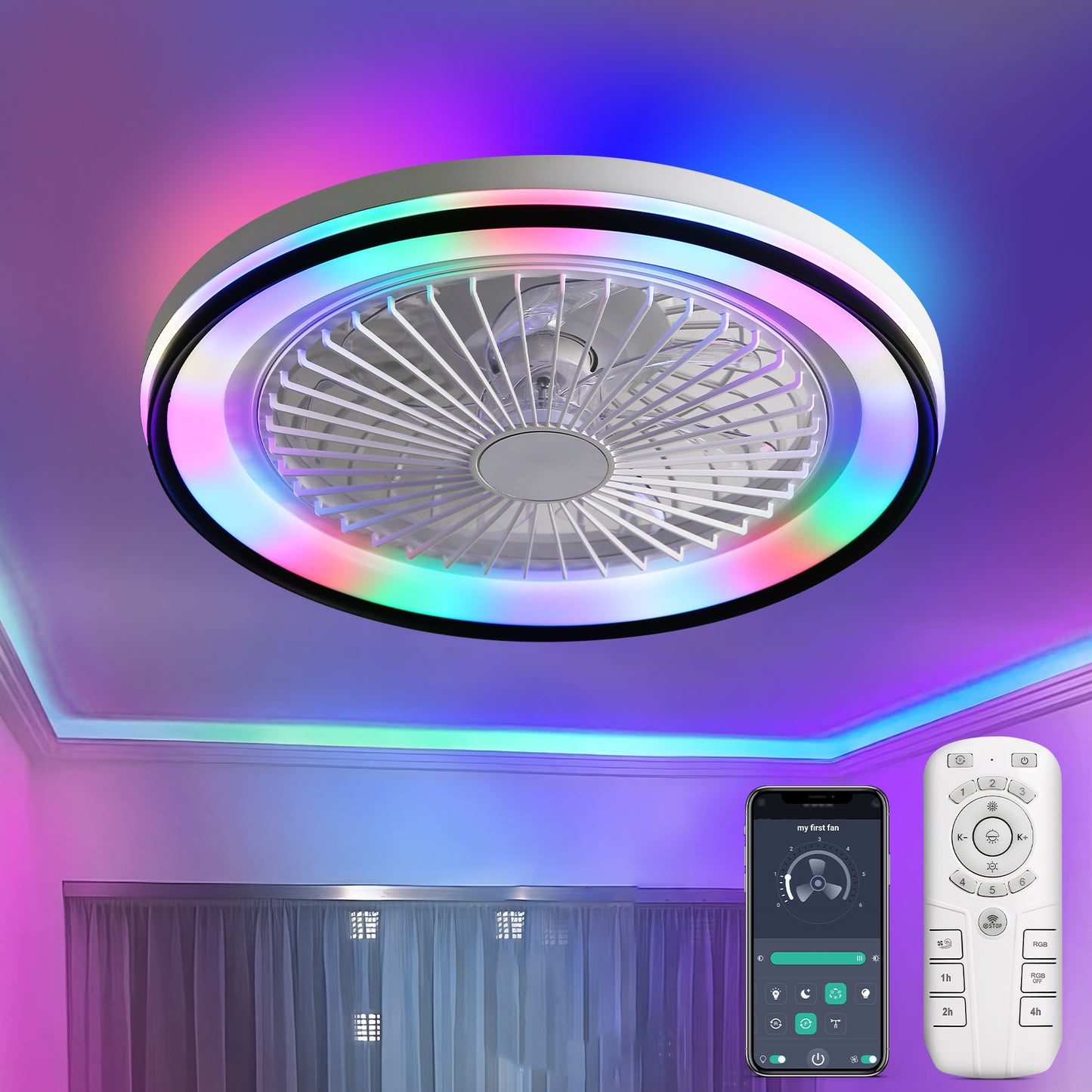 19 Inch RGB Dimmable Led Enclosed Ceiling Fan with Light Flush Mount Bladeless 6 Speed Remote Control for Bedroom Party