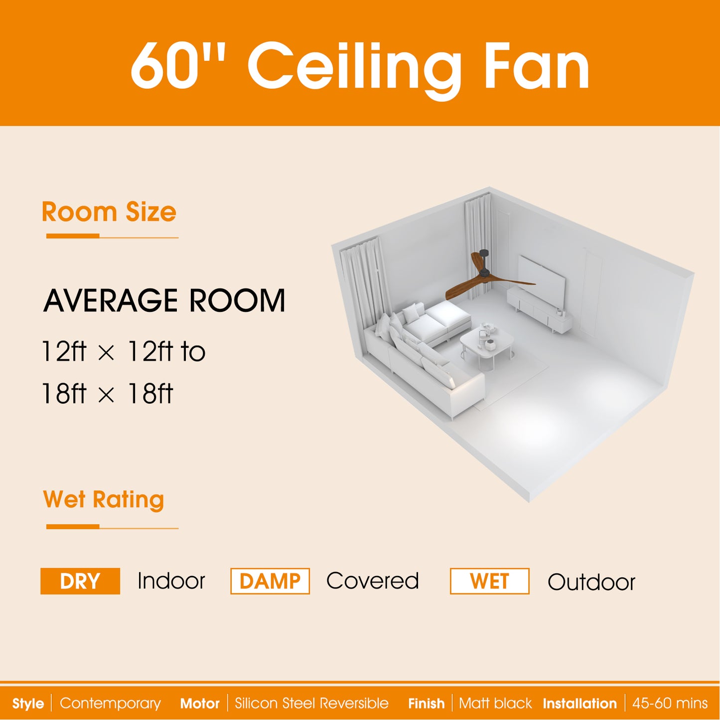 60 Inch Ceiling Fan With Lights 3 Solid Wood Fan Blade Noiseless Reversible Motor Remote Control