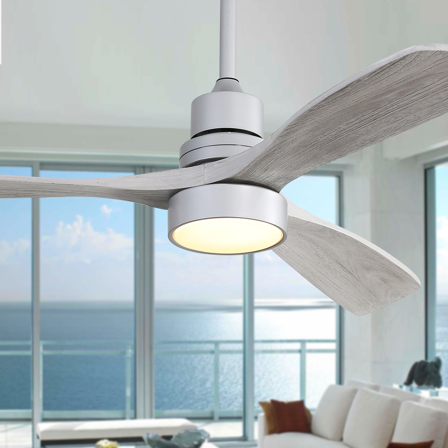 52 Inch Ceiling Fan Light With 6 Speed Remote Silver 3 Wood Blade Reversible DC Motor For Bedroom