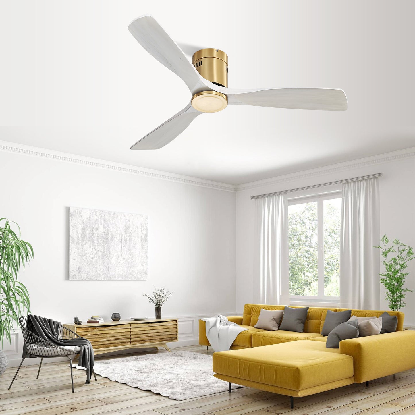 52 Inch Gold & Metal with Wood Low Profile Ceiling Fan DC 3 Solid Wood Fan Blade Noiseless Reversible Motor Remote Control Without Light