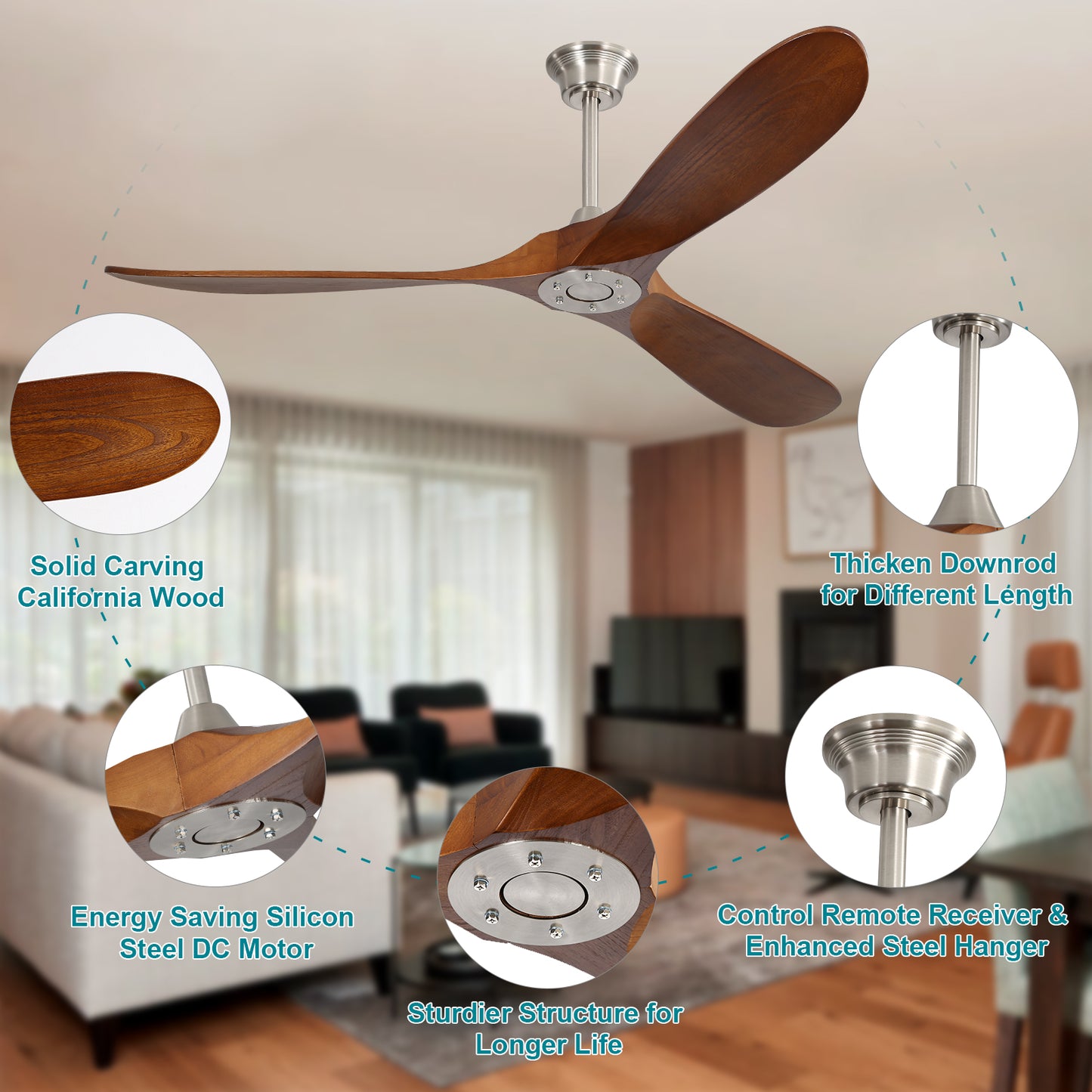 60 Inch Indoor Wood Ceiling Fan With 3 Solid Wood Blades Remote Control Reversible DC Motor For Living Room