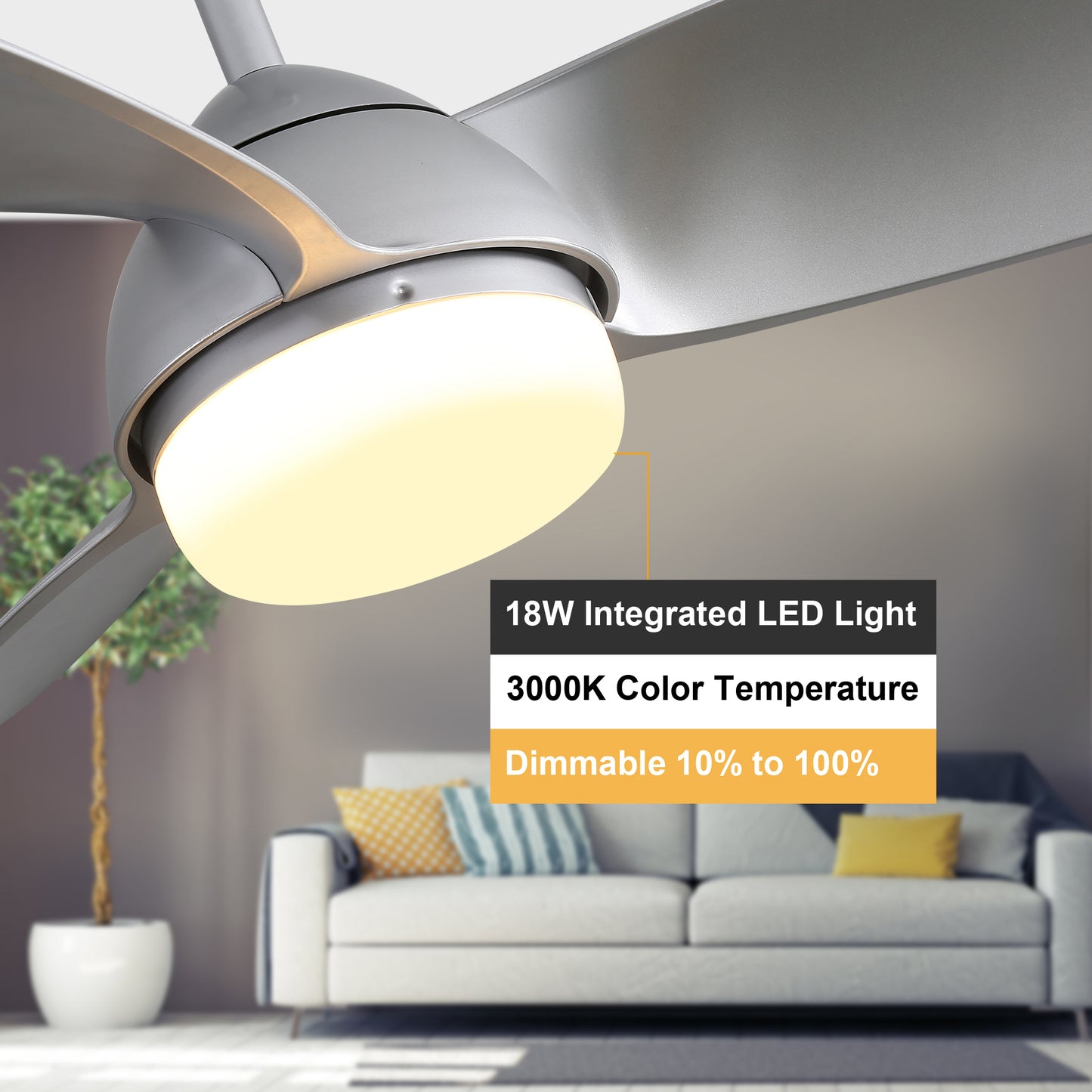 42 Inch Indoor ABS Ceiling Fan With 6 Speed Remote Control Dimmable Reversible DC Motor With Light