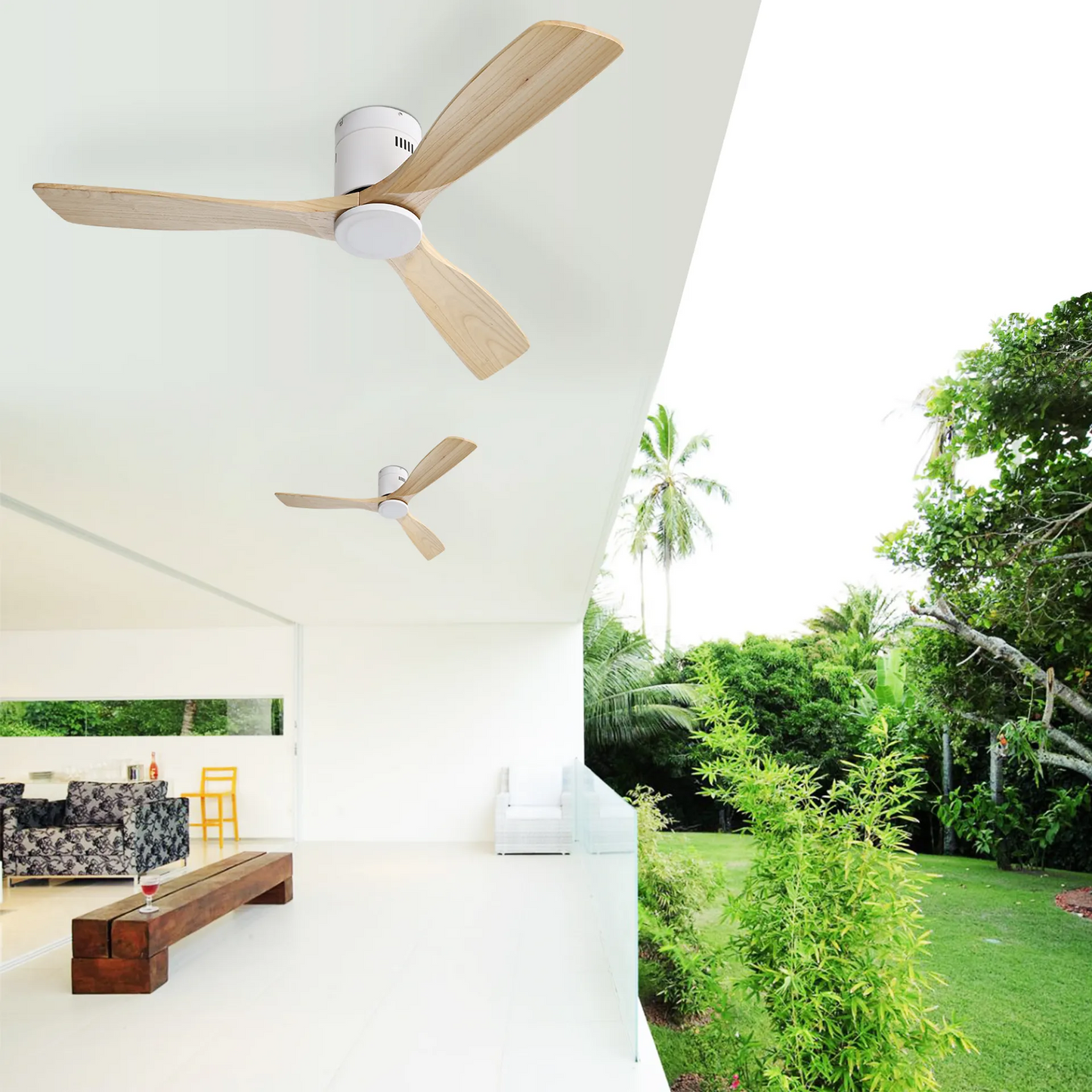 52 Inch White Ceiling Fan Natural 3 Solid Wood Fan Blade Noiseless Reversible DC motor Remote Control For Living Room