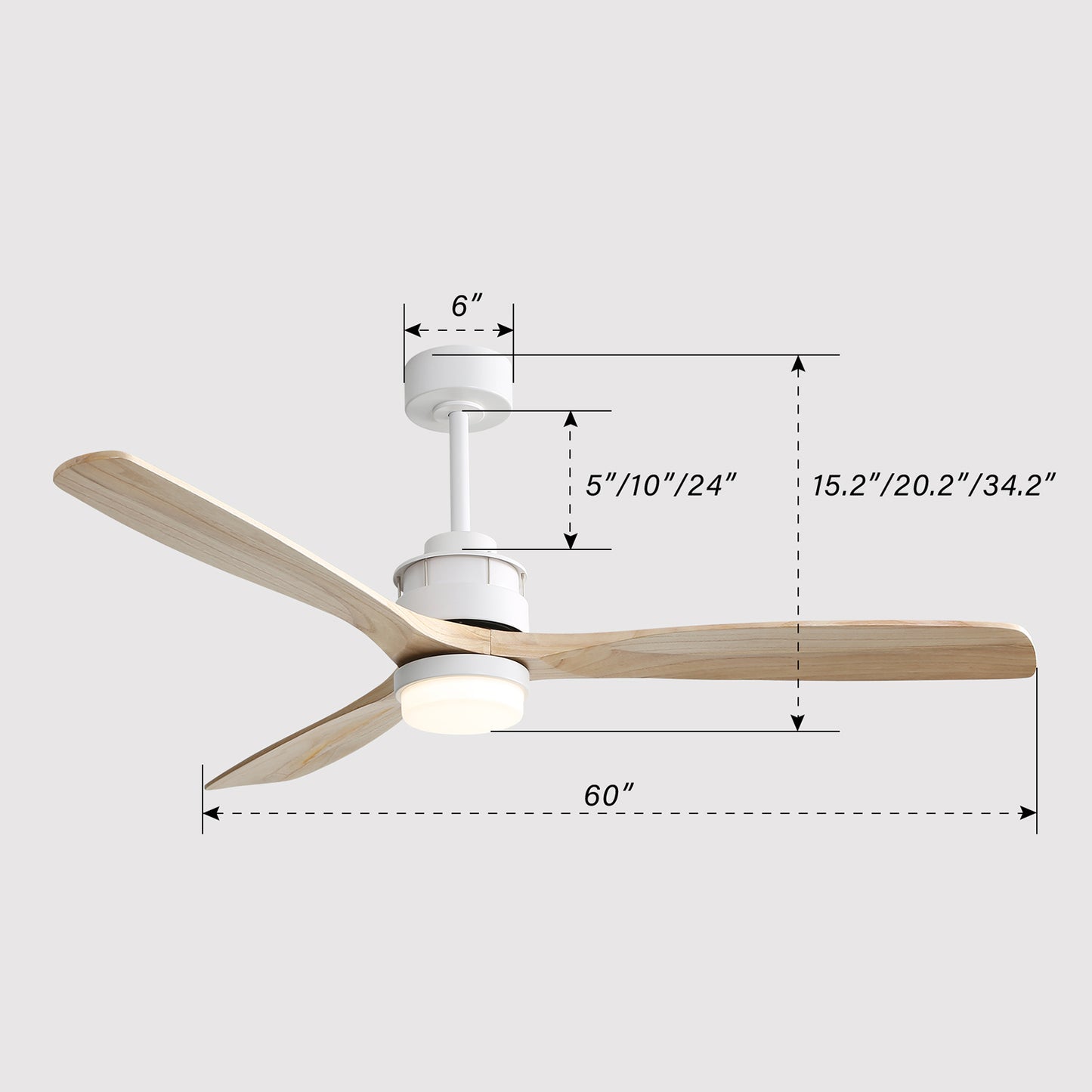 60 Inch Modern Ceiling Fan with Light Remote Control, 3 Solid Wood Blades, Suitable for Indoor and Outdoor