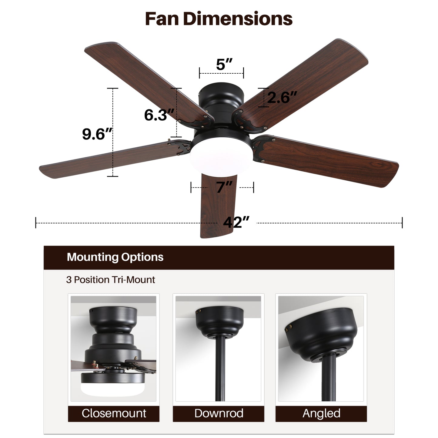 Low Profile 42 Inch Ceiling Fan 5 Blades Noiseless Reversible Dc Motor Remote Control With Led Light