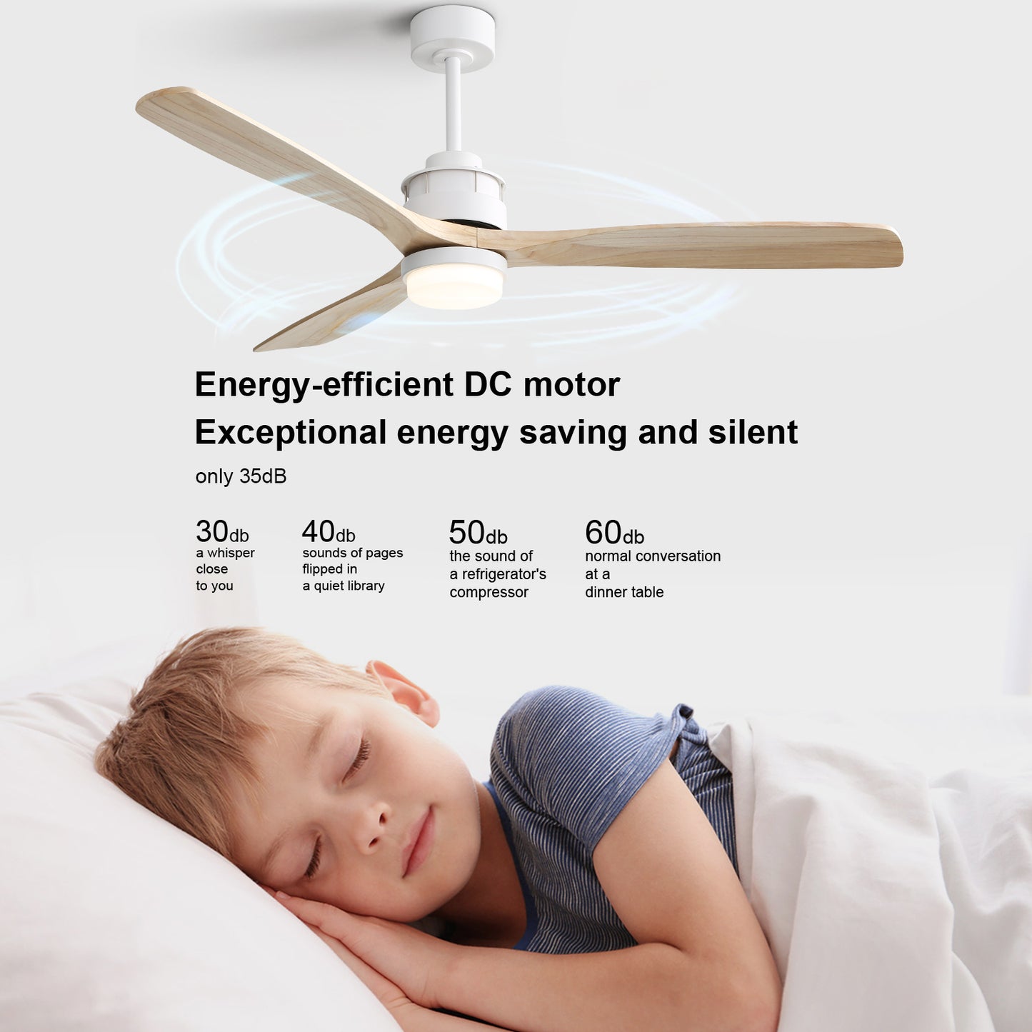 60 Inch Modern Ceiling Fan with Light Remote Control, 3 Solid Wood Blades, Suitable for Indoor and Outdoor