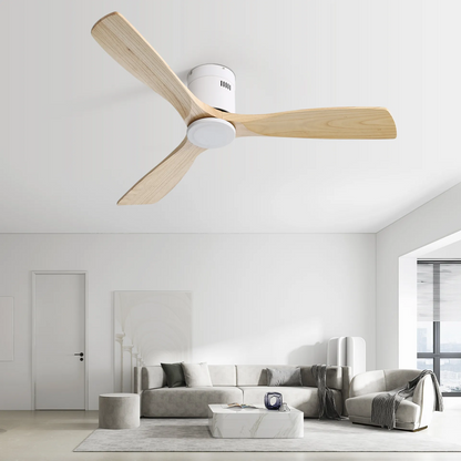 52 Inch White Ceiling Fan Natural 3 Solid Wood Fan Blade Noiseless Reversible DC motor Remote Control For Living Room