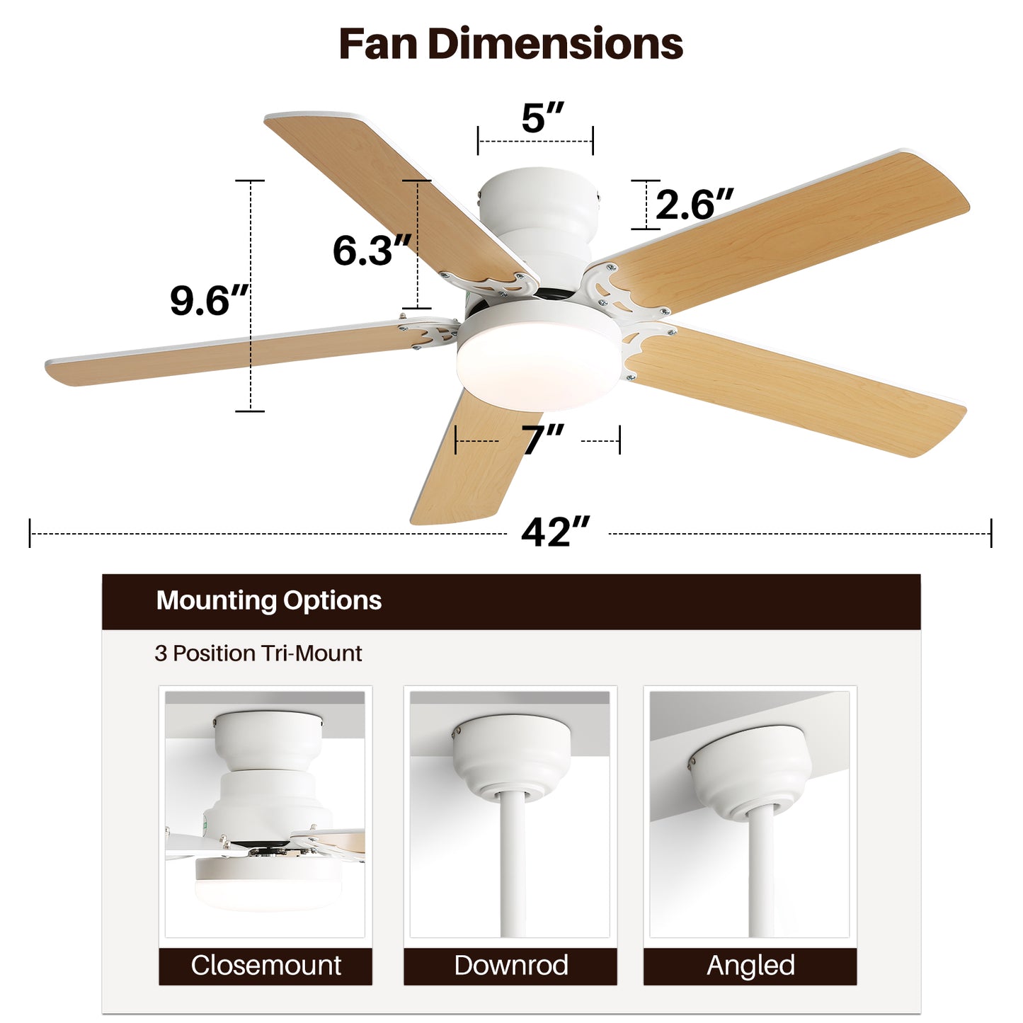 Low Profile 42 Inch Ceiling Fan 5 Blades Noiseless Reversible Dc Motor Remote Control With Led Light