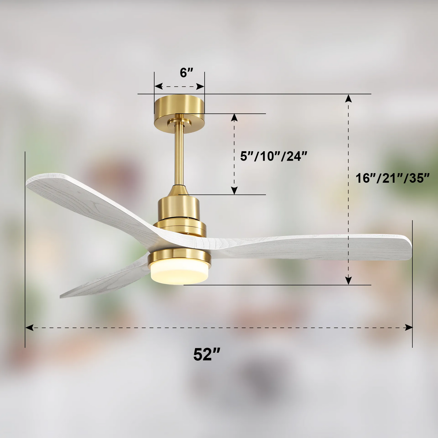 Indoor 52 Inch Ceiling Fan With Dimmable Led Light 6 Speed Remote Gold 3 Wood Blade Reversible DC Motor For Living Room