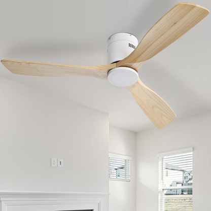 52 Inch White Ceiling Fan Natural 3 Solid Wood Fan Blade Noiseless Reversible DC motor Remote Control For Living Room