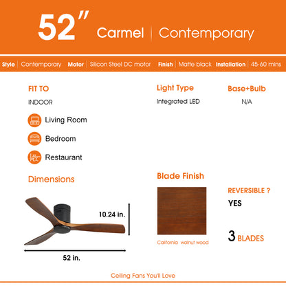 52 Inch Indoor Wooden Ceiling Fan With 3 Solid Wood Blades Remote Control Reversible DC Motor Without Light