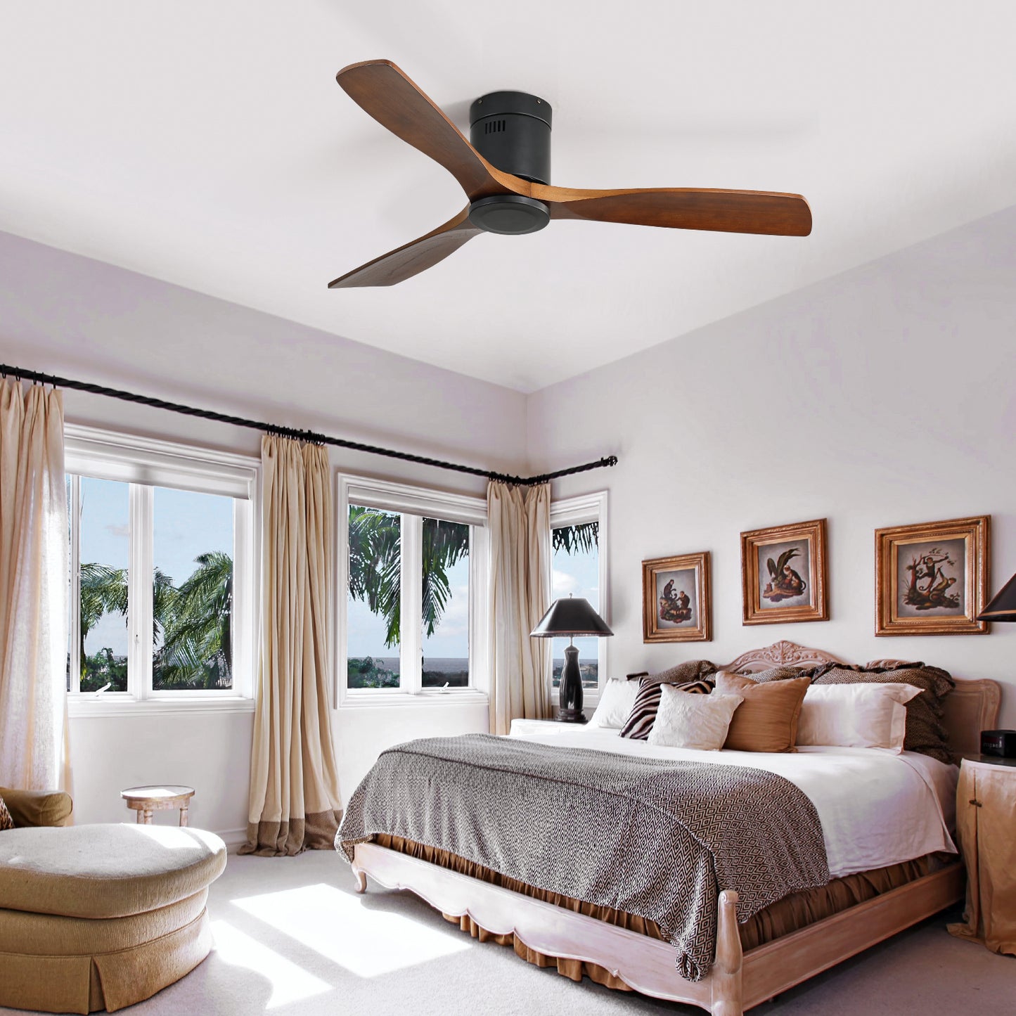 52 Inch Indoor Wooden Ceiling Fan With 3 Solid Wood Blades Remote Control Reversible DC Motor Without Light