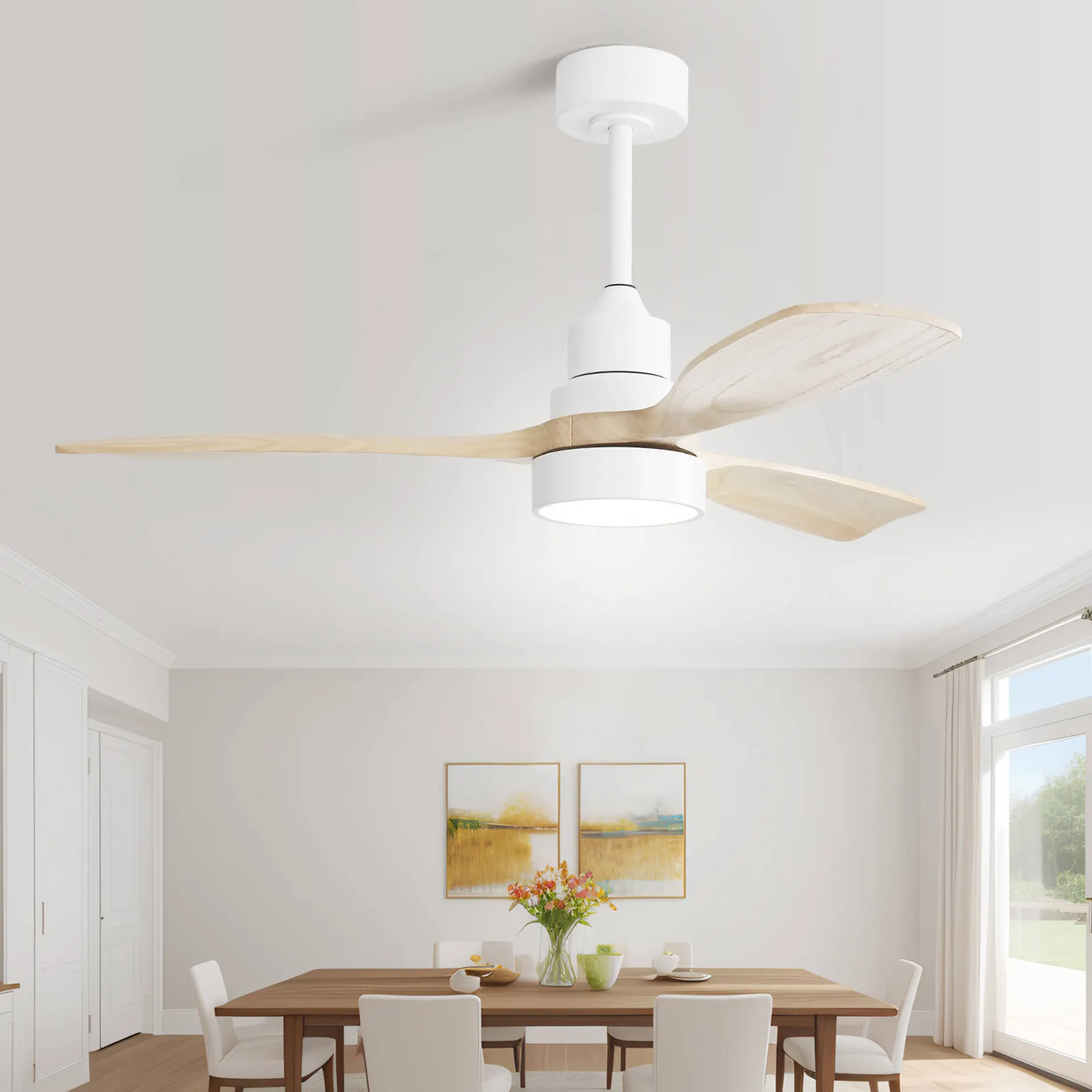 48 Inch Solid Wood Ceiling Fan with Dimmable Light 6 Speed Reversible DC Motor