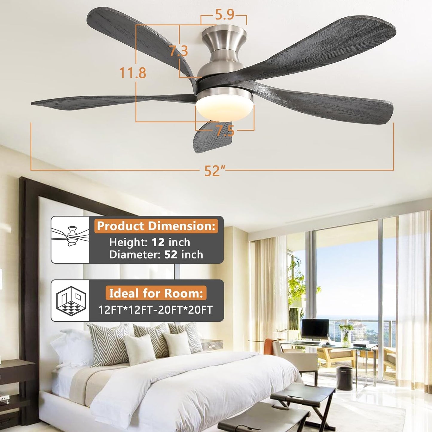 52 Inch Ceiling Fan with Dimmable 3 Colors LED Light Reversible Noiseless DC Motor Smart APP Remote Control