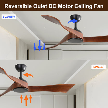 52 Inch Indoor Modern Ceiling Fan No Light 6 Speed Remote 3 Solid Wood Blade Reversible DC Motor For Living Room