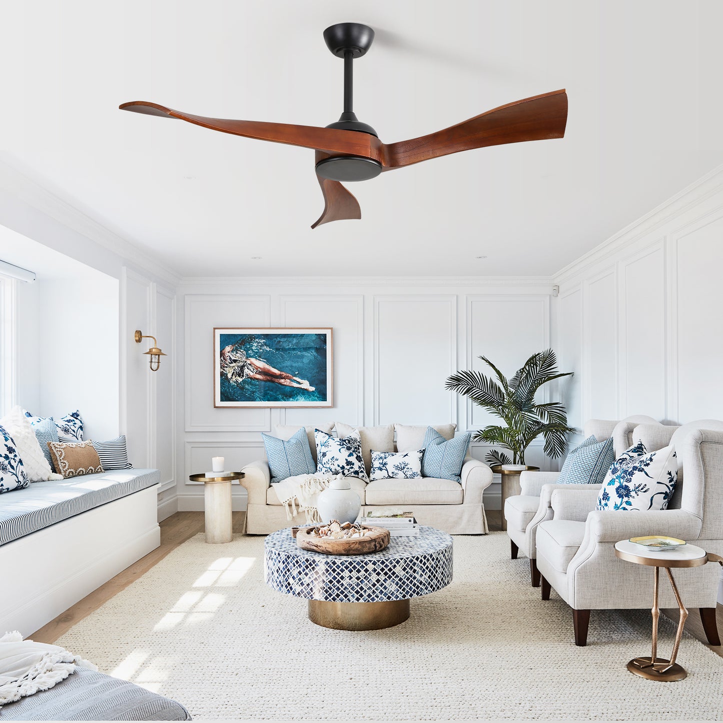 52 Inch Indoor Modern Ceiling Fan No Light 6 Speed Remote 3 Solid Wood Blade Reversible DC Motor For Living Room