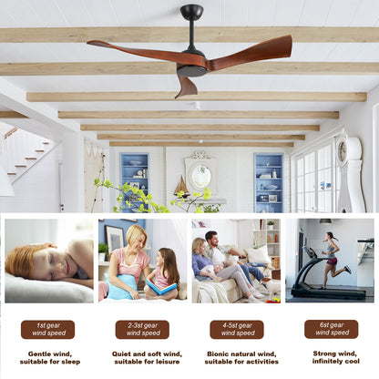 52 Inch Indoor Modern Ceiling Fan No Light 6 Speed Remote 3 Solid Wood Blade Reversible DC Motor For Living Room