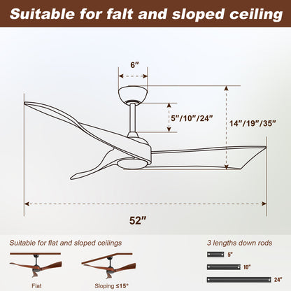 52 Inch Indoor Modern Ceiling Fan No Light 6 Speed Remote 3 Solid Wood Blade Reversible DC Motor For Living Room