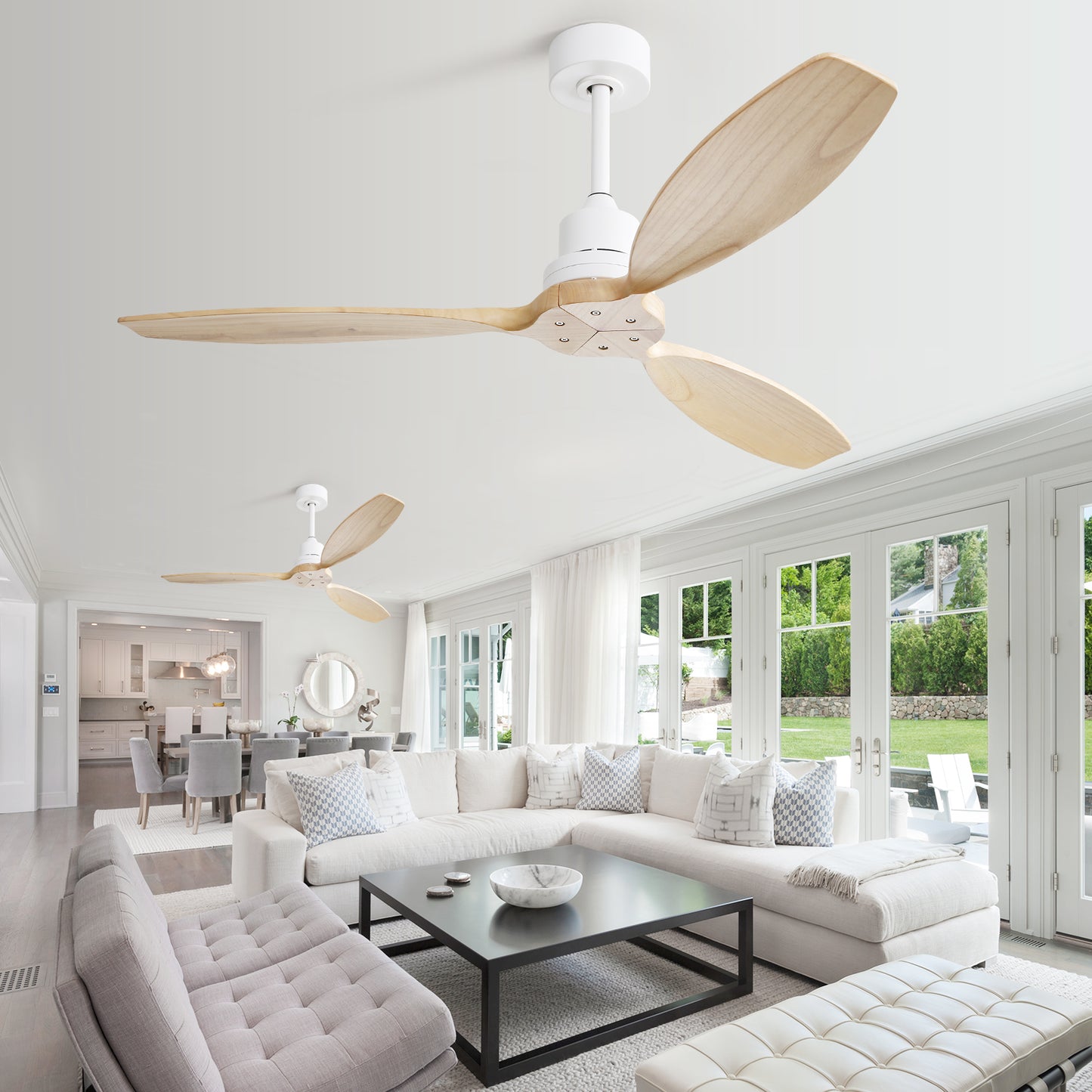 52 Inch Wooden Ceiling Fan White 3 Solid Wood Blades Remote Control Reversible DC Motor Without Light