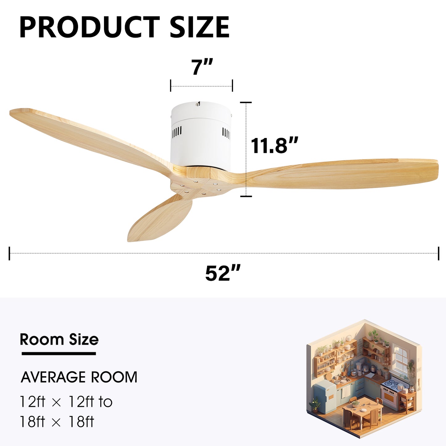 52 Inch Decorative Solid Wood Ceiling Fan Without Light 6 Speed Remote Control Reversible DC Motor For Home