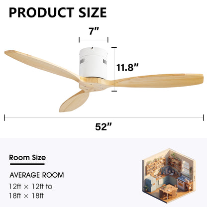 52 Inch Decorative Solid Wood Ceiling Fan Without Light 6 Speed Remote Control Reversible DC Motor For Home