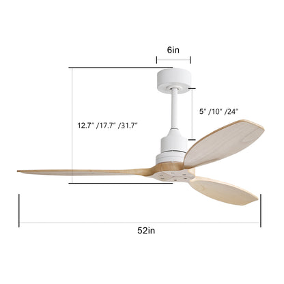 52 Inch Wooden Ceiling Fan White 3 Solid Wood Blades Remote Control Reversible DC Motor Without Light