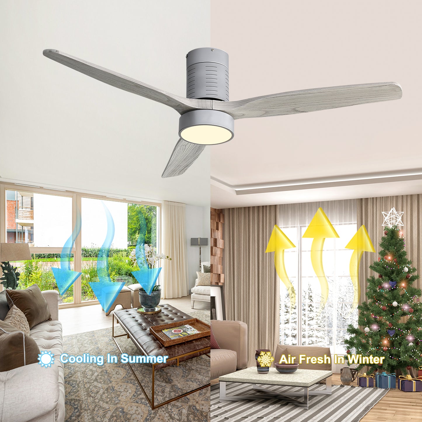 52 Inch Indoor Flush Mount Ceiling Fan With 3 Solid Wood Blades Remote Control Reversible DC Motor With Led Light