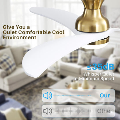 52 Inch Modern Ceiling Fan With 3 Color Dimmable 3 Solid Wood Blades Remote Control Reversible DC Motor For Bedroom