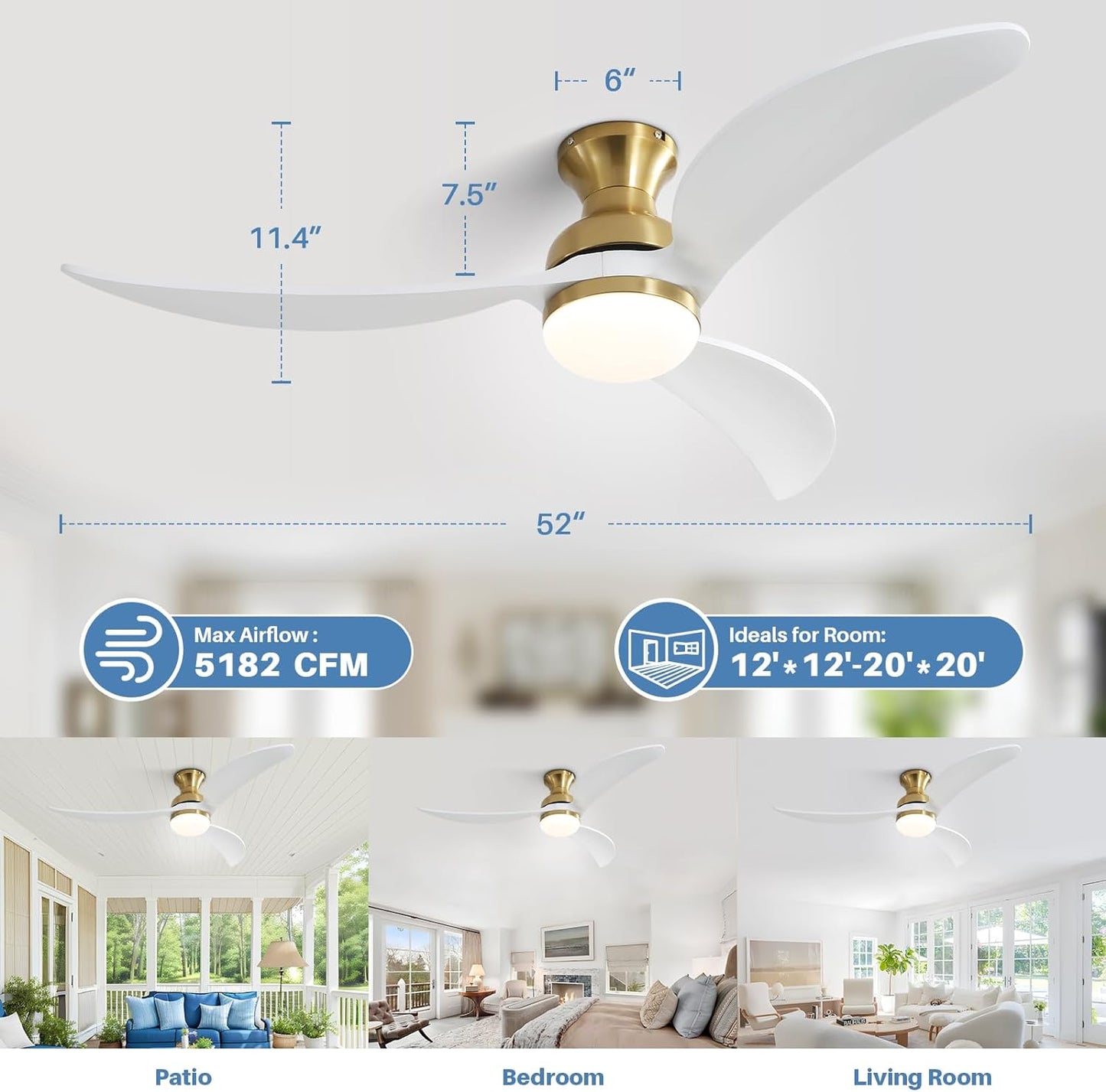 52 Inch Modern Ceiling Fan With 3 Color Dimmable 3 Solid Wood Blades Remote Control Reversible DC Motor For Bedroom