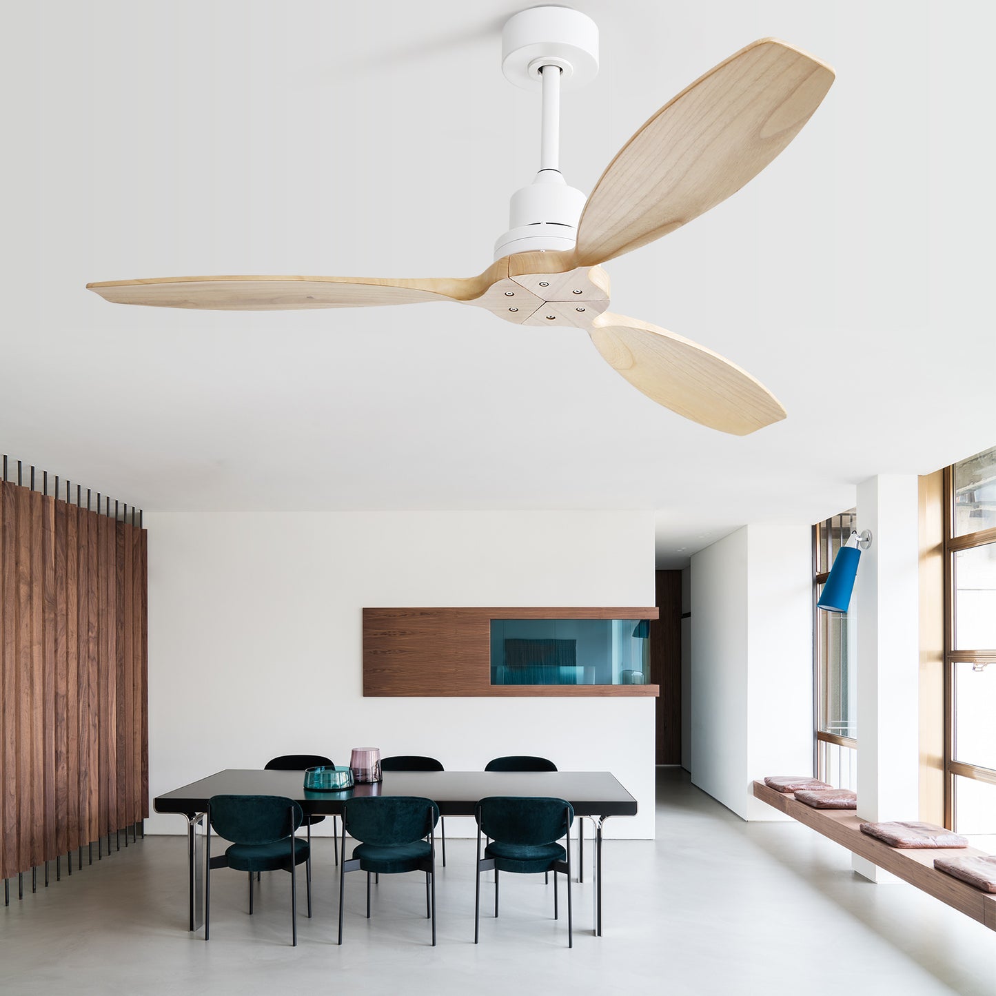 52 Inch Wooden Ceiling Fan White 3 Solid Wood Blades Remote Control Reversible DC Motor Without Light