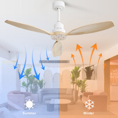 52 Inch Wooden Ceiling Fan White 3 Solid Wood Blades Remote Control Reversible DC Motor Without Light