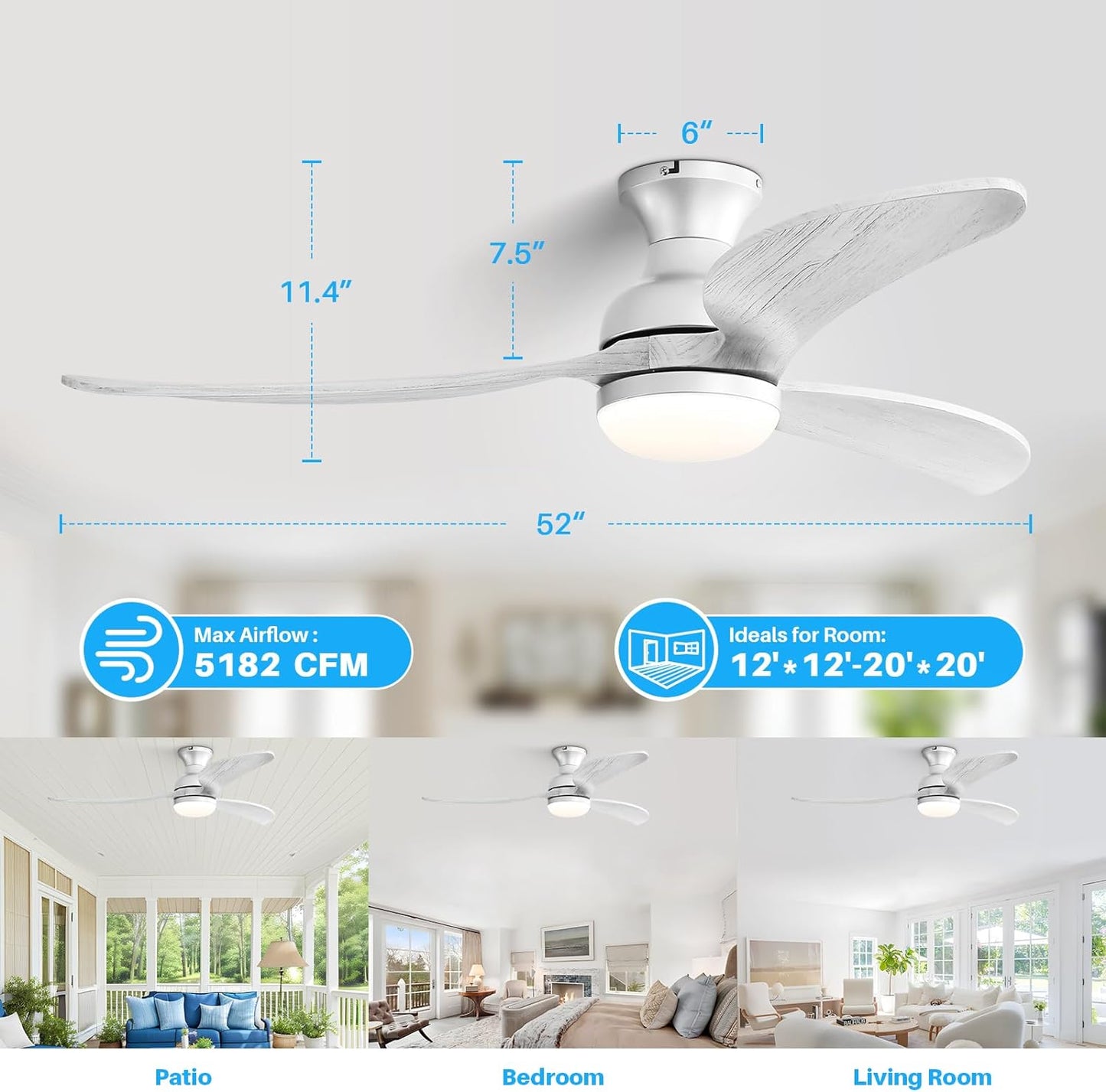 52 Inch Modern Ceiling Fan With 3 Color Dimmable Solid Wood Blades Remote Control Reversible DC Motor For Bedroom