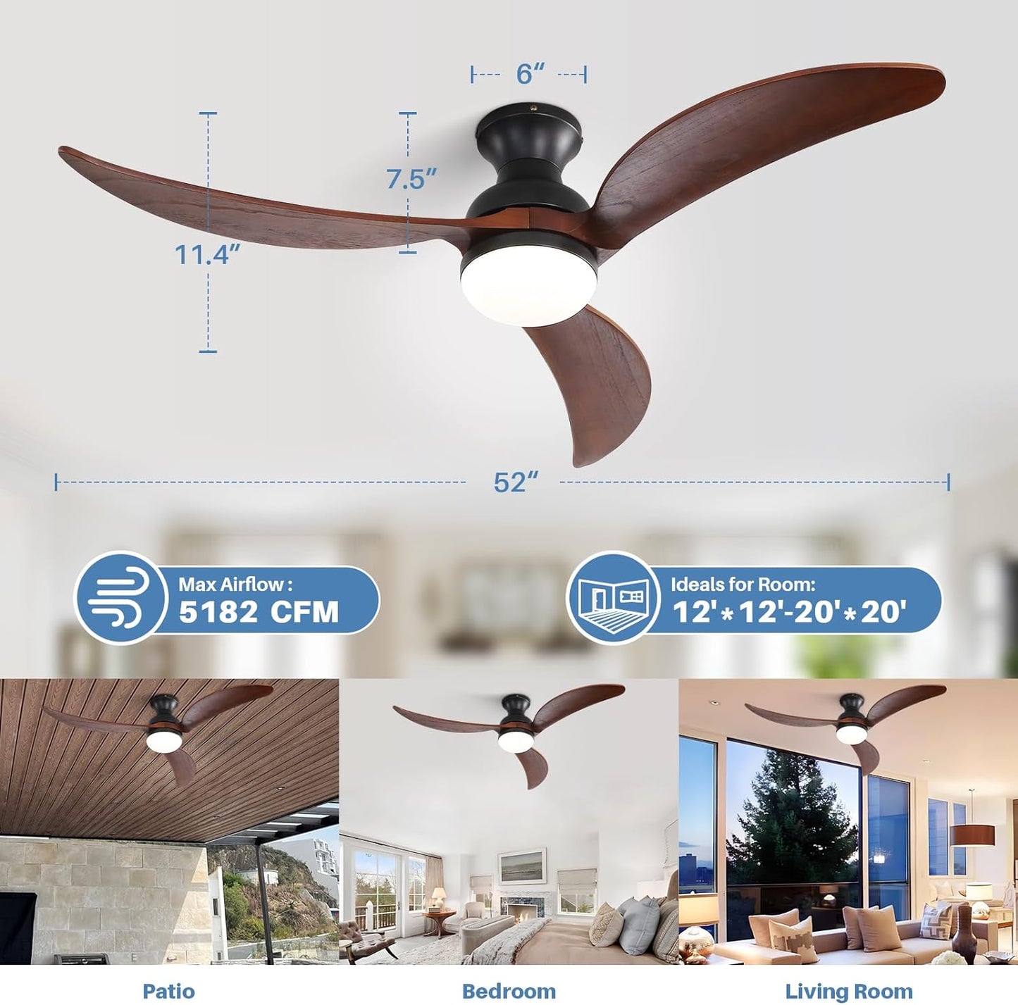 52 Inch Modern Ceiling Fan With 3 Color Dimmable Solid Wood Blades Remote Control Reversible DC Motor For Bedroom