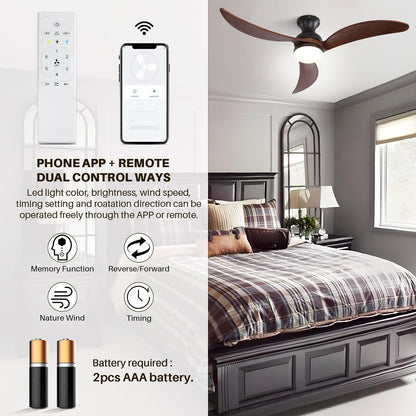 52 Inch Modern Ceiling Fan With 3 Color Dimmable Solid Wood Blades Remote Control Reversible DC Motor For Bedroom