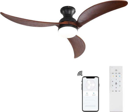 52 Inch Modern Ceiling Fan With 3 Color Dimmable Solid Wood Blades Remote Control Reversible DC Motor For Bedroom