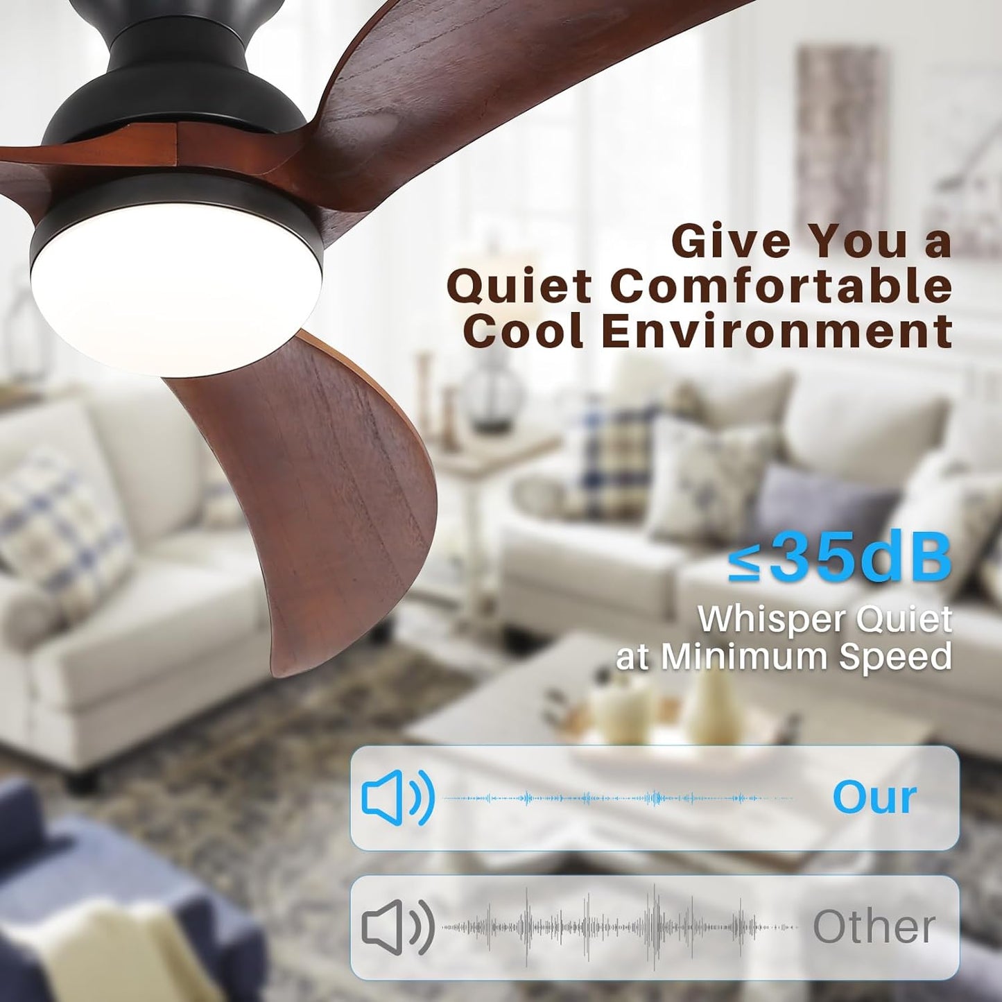 52 Inch Modern Ceiling Fan With 3 Color Dimmable Solid Wood Blades Remote Control Reversible DC Motor For Bedroom