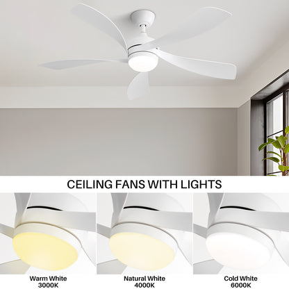 52 Inch Modern Ceiling Fan With 5 ABS Blades Remote Control Reversible DC Motor White For Bedroom