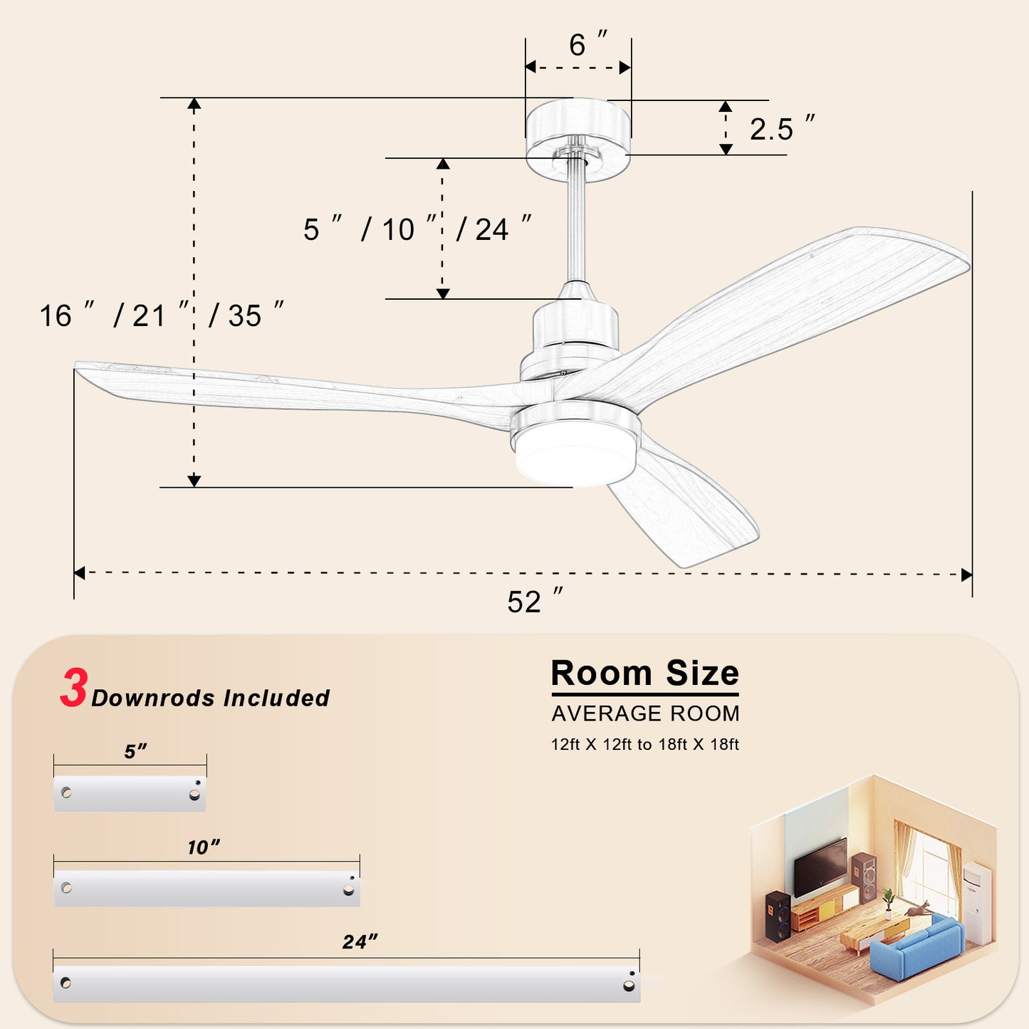 Indoor 52 Inch Ceiling Fan With Dimmable Led Light 6 Speed Remote 3 Wood Blade Reversible DC Motor For Bedroom