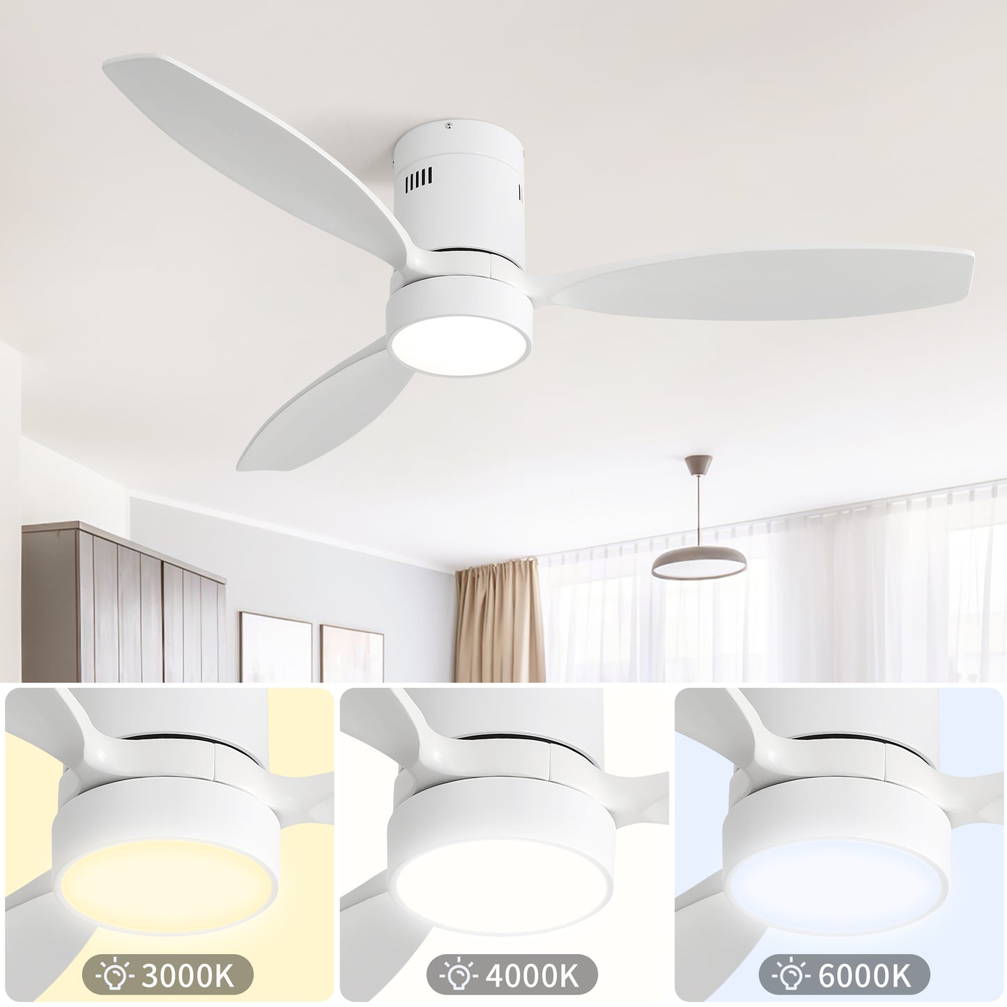 52 Inch Indoor Outdoor Ceiling Fan Solid Wood Fan Blade Noiseless Reversible Motor Remote Control With Light