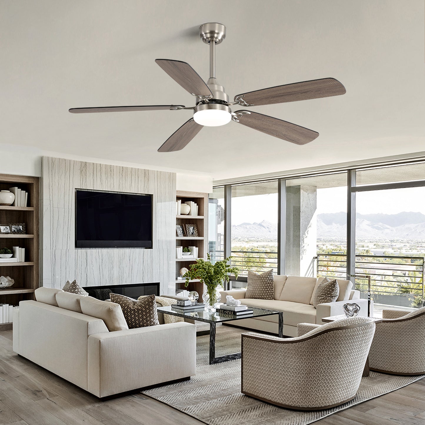 Modern 52 Inch Led Ceiling Fan With 110V 6 Speed Wind 5 Blades Remote Control Reversible DC Motor With Light