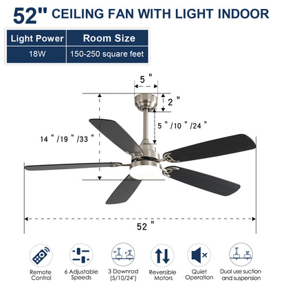 Modern 52 Inch Led Ceiling Fan With 110V 6 Speed Wind 5 Blades Remote Control Reversible DC Motor With Light