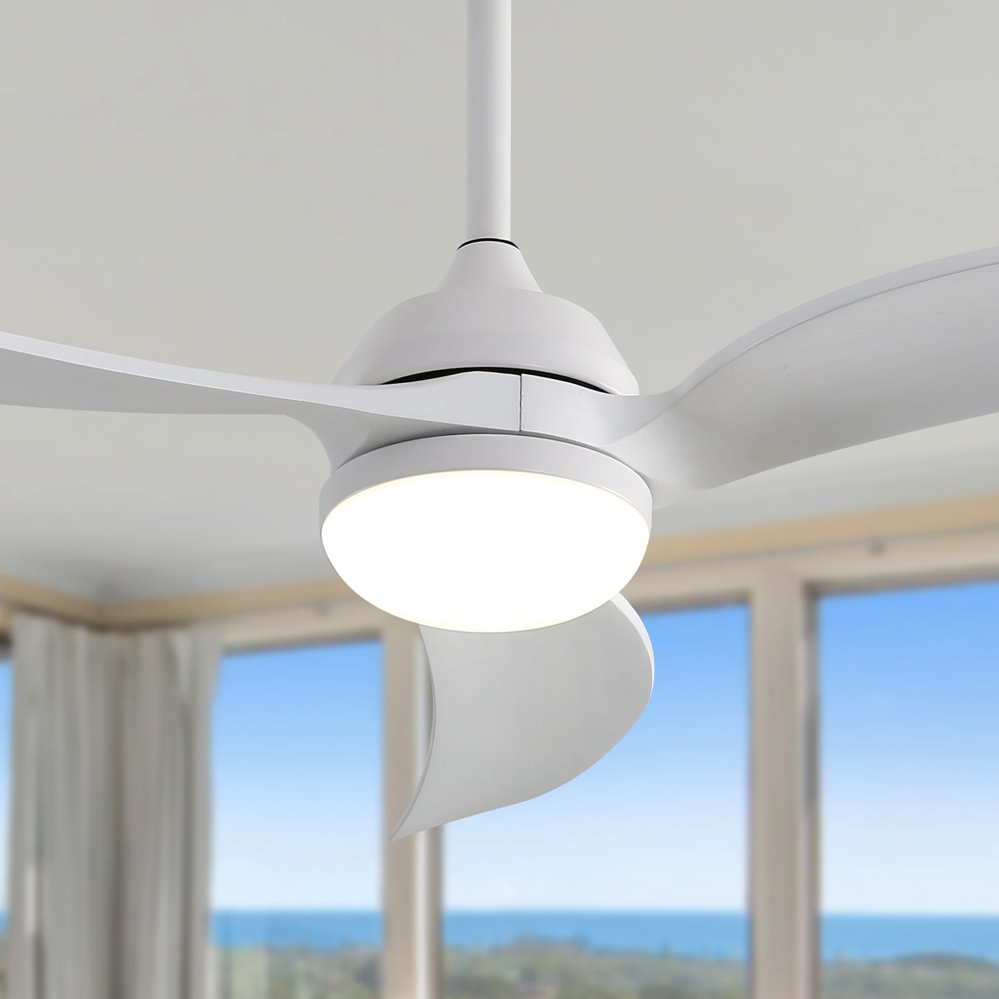 52 Inch Indoor Ceiling Fan With Dimmable Led Light 3 Solid Wood Blades Remote Control Reversible DC Motor White For Living Room