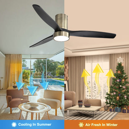 52 Inch Indoor Flush Mount Ceiling Fan With 3 Solid Wood Blades Remote Control Reversible DC Motor With Led Light