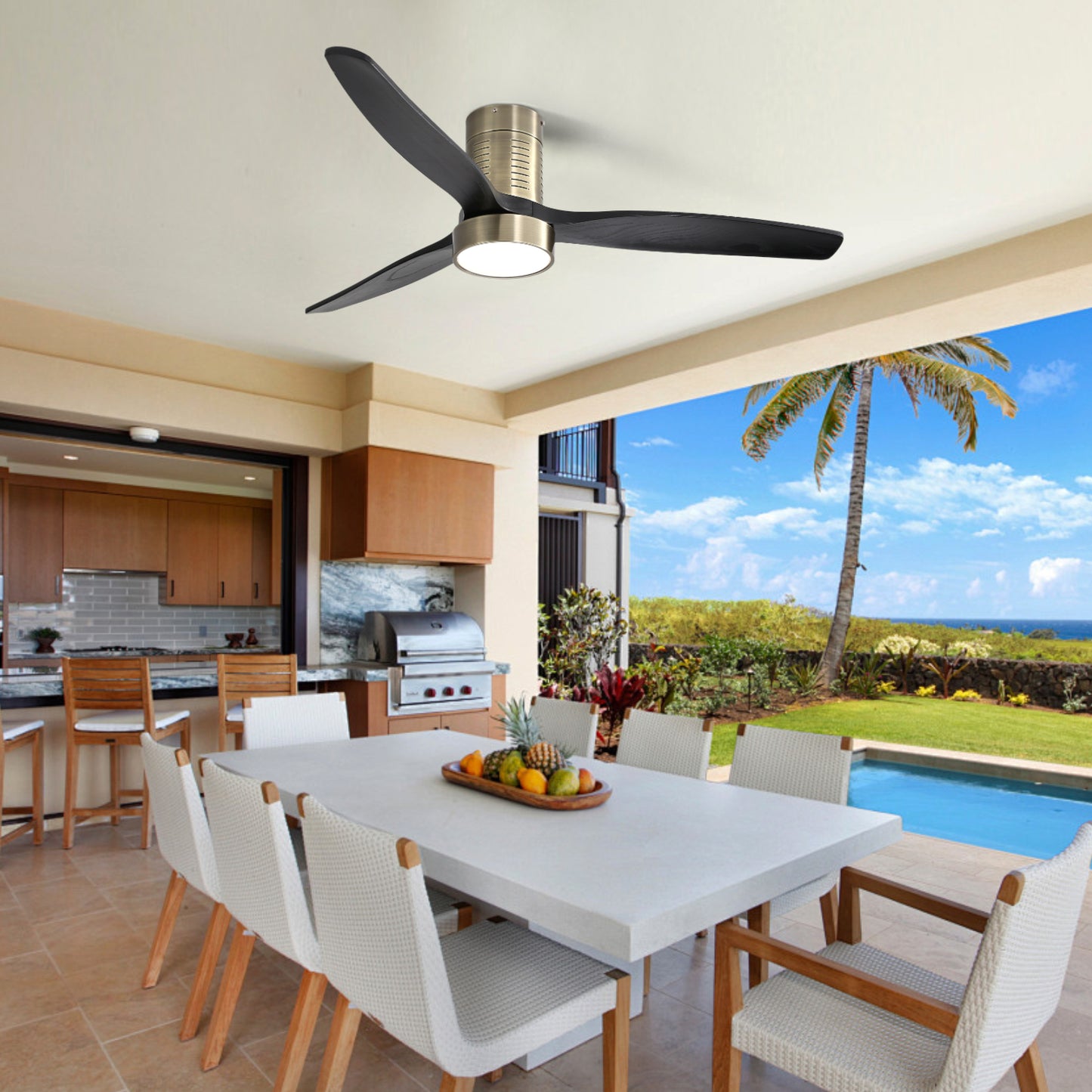 52 Inch Indoor Flush Mount Ceiling Fan With 3 Solid Wood Blades Remote Control Reversible DC Motor With Led Light