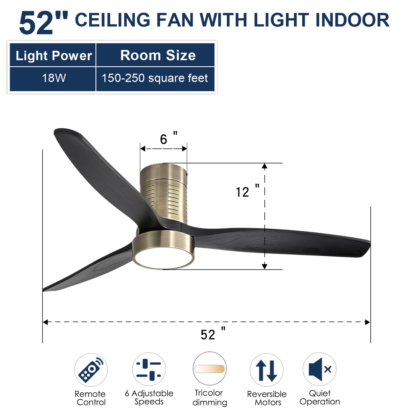 52 Inch Indoor Flush Mount Ceiling Fan With 3 Solid Wood Blades Remote Control Reversible DC Motor With Led Light