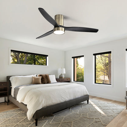 52 Inch Indoor Flush Mount Ceiling Fan With 3 Solid Wood Blades Remote Control Reversible DC Motor With Led Light